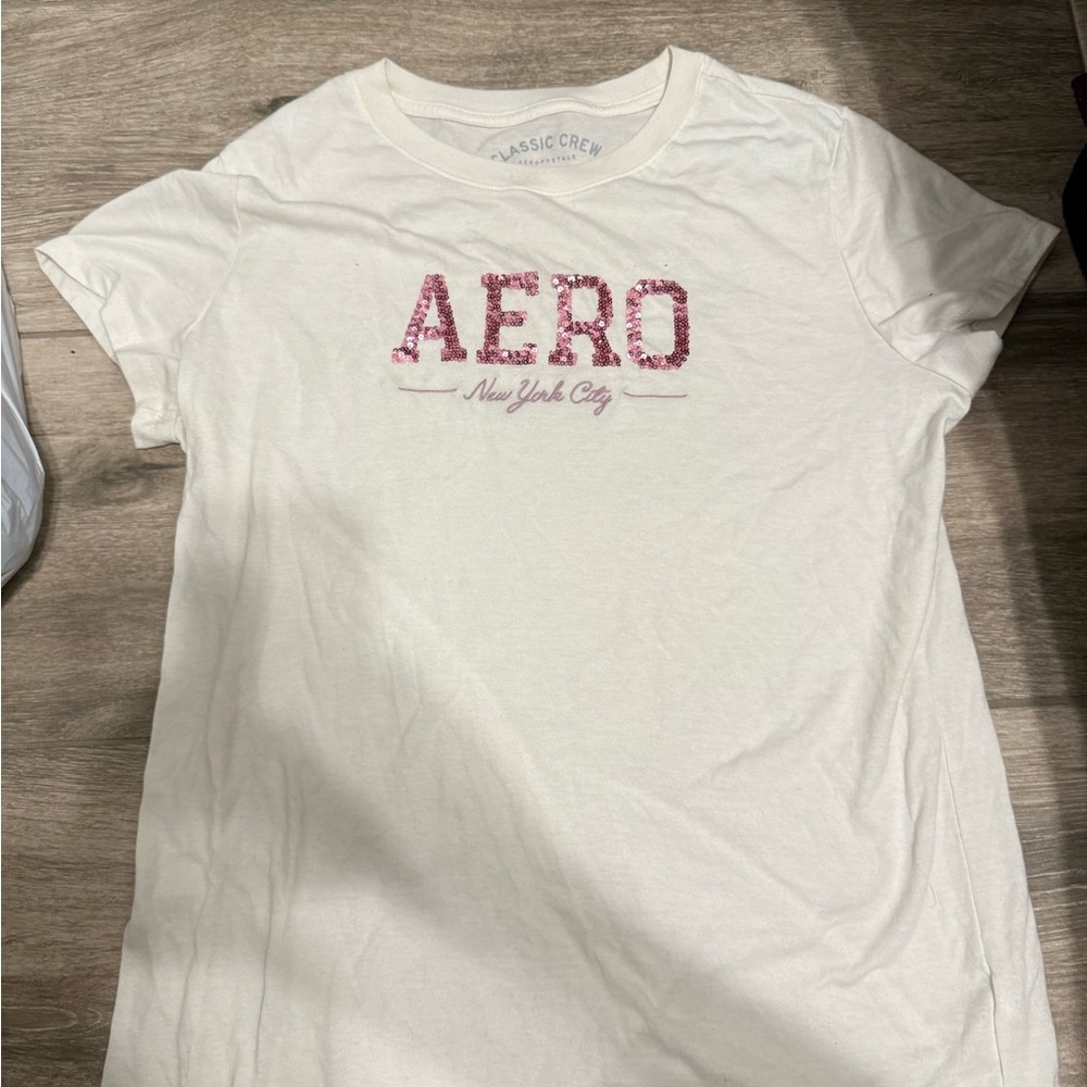 Aeropostale White Tee with Pink Sequin Logo